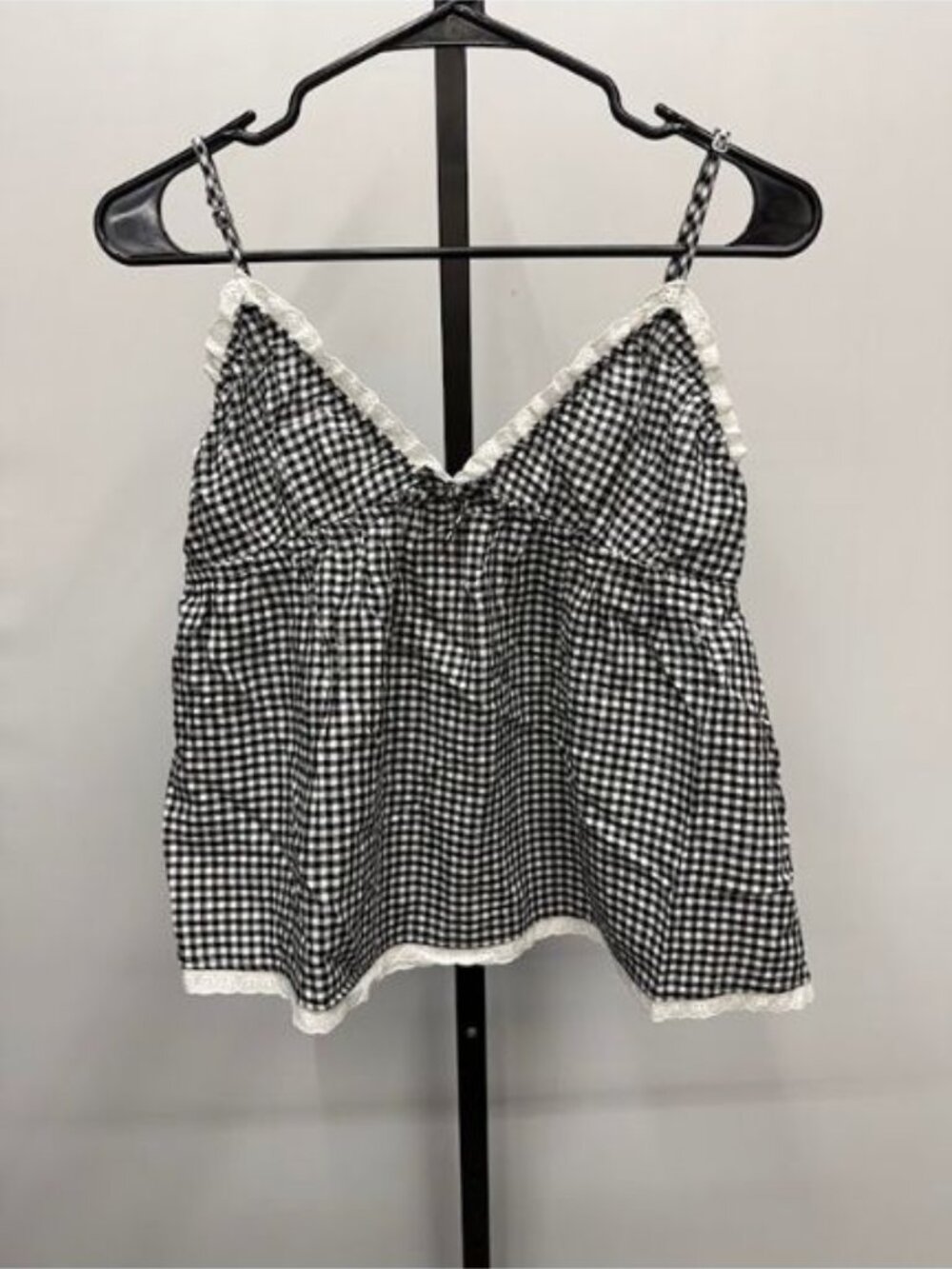 Pink by Frankies Bikinis Black and White Gingham Lace Trim Babydoll Tank